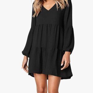 Elegant Long Sleeve V-neck Puff Sleeve Ruffle Hem Mini Dress